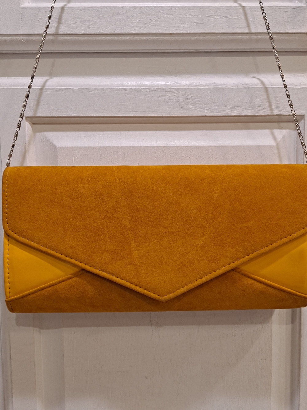 Mustard Yellow Pop Of Color Faux Suede Patent Envelope Shoulder Bag Chain Strap
